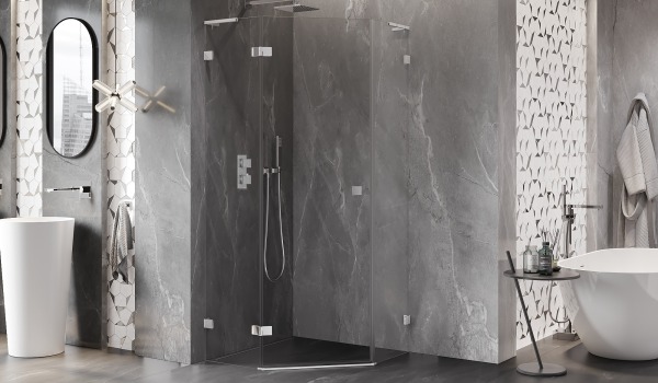 Siva kupaonica inspirirana SPA hotelom s peterokutnom kabinom